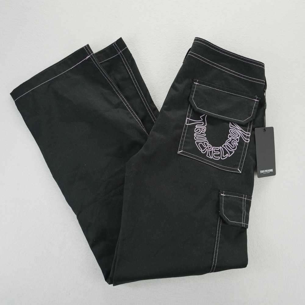 True Religion Cargo SN Pant Jet Black Moonlite Mauve Stitching 600644 Size 26